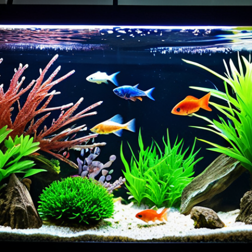 Home 11 A stunning, crystal-clear freshwater aquarium showcases a diverse array of healthy, active fish species including vibrant neon tetras, energetic guppies, and elegant bettas, displaying brilliant, intensified colors and natural, vigorous swimming patterns. A hand, belonging to a person in modest, professional attire, is gently dispensing a variety of specialized fish foods into the water: colorful flakes floating on the surface, nutrient-rich sinking pellets settling towards the bottom, and a small portion of frozen brine shrimp melting as it enters the tank. The aquarium is meticulously maintained with lush green plants, natural driftwood, and sparkling clean water, indicative of optimal health and varied nutrition. Professional photography, high detail, perfect anatomy, correct proportions, natural pose, well-formed hands, proper finger count, natural body proportions, safe for work, appropriate content, fully clothed, family-friendly, high quality, studio lighting.