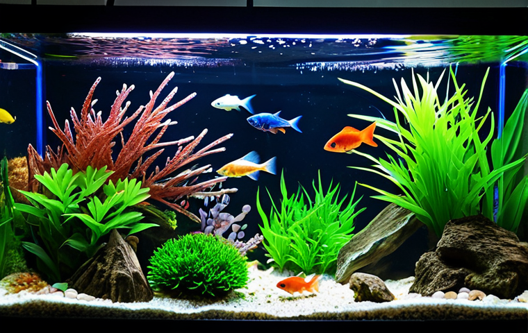 A stunning, crystal-clear freshwater aquarium showcases a diverse array of healthy, active fish species including vibrant neon tetras, energetic guppies, and elegant bettas, displaying brilliant, intensified colors and natural, vigorous swimming patterns. A hand, belonging to a person in modest, professional attire, is gently dispensing a variety of specialized fish foods into the water: colorful flakes floating on the surface, nutrient-rich sinking pellets settling towards the bottom, and a small portion of frozen brine shrimp melting as it enters the tank. The aquarium is meticulously maintained with lush green plants, natural driftwood, and sparkling clean water, indicative of optimal health and varied nutrition. Professional photography, high detail, perfect anatomy, correct proportions, natural pose, well-formed hands, proper finger count, natural body proportions, safe for work, appropriate content, fully clothed, family-friendly, high quality, studio lighting.