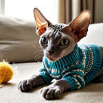 **

"A happy Sphynx cat, fully clothed in a cute knitted sweater, playing with a feather toy in a sunny living room. Safe for work, appropriate content, professional photography, perfect anatomy, correct proportions, natural pose, well-formed hands, proper finger count, natural body proportions, family-friendly."

**