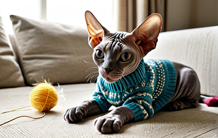 **

"A happy Sphynx cat, fully clothed in a cute knitted sweater, playing with a feather toy in a sunny living room. Safe for work, appropriate content, professional photography, perfect anatomy, correct proportions, natural pose, well-formed hands, proper finger count, natural body proportions, family-friendly."

**
