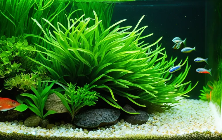 물고기 수족관 청소법 - **Prompt:** A vibrant, healthy freshwater aquarium teeming with life. Focus on a pristine aquascape ...