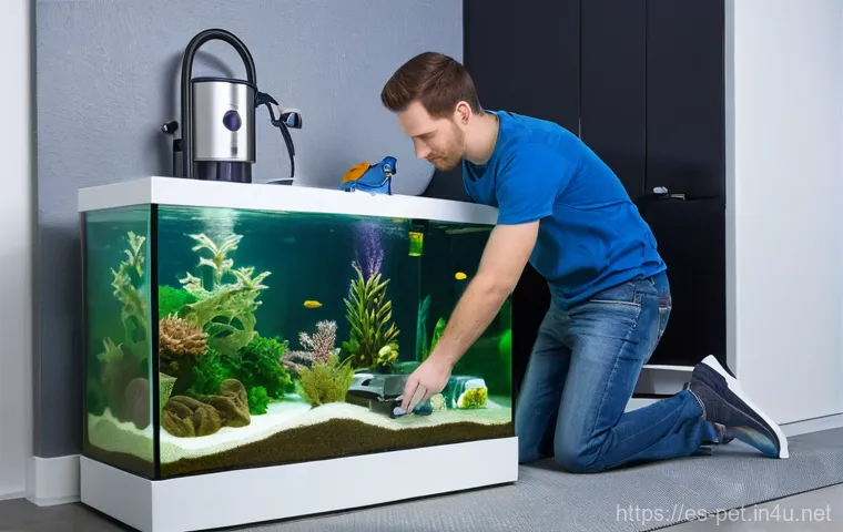 물고기 수족관 청소법 - **Prompt:** A vibrant, healthy freshwater aquarium teeming with life. Focus on a pristine aquascape ...