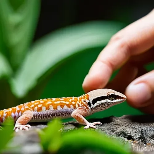 이색 애완동물 소개 - **A tender interaction with a leopard gecko:** A softly lit close-up of a person's hand, offering a ...