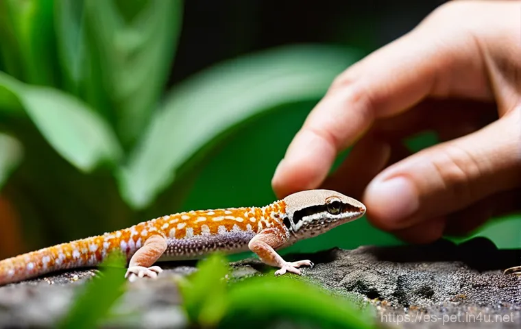 이색 애완동물 소개 - **A tender interaction with a leopard gecko:** A softly lit close-up of a person's hand, offering a ...
