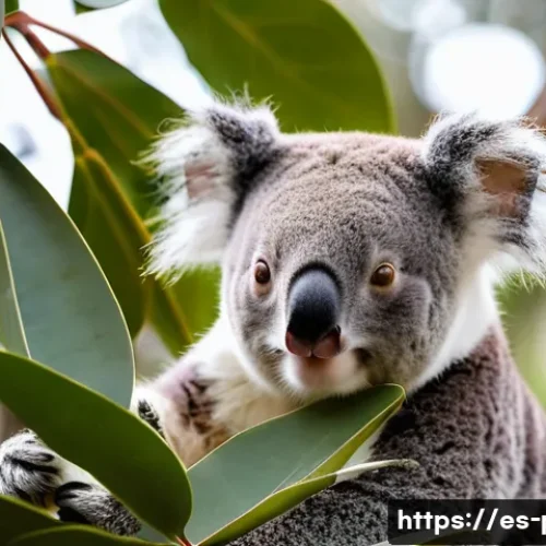 코알라 먹이 섭취량 - A detailed close-up scene of a koala sitting peacefully in a eucalyptus tree, carefully selecting an...