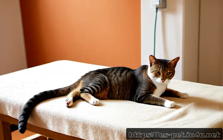 고양이 중성화 수술 후기 - Photorealistic warm veterinary clinic recovery scene in Spain, a calm adult domestic cat wearing a s...